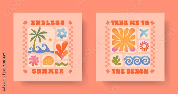 Fototapeta Summer illustrations with sea ocean waves,coral,palm,sun.Groovy boho beach,surf club retro aesthetic.Summer vacation backgrounds in simple funny style.Graphic prints for shirts,banners,covers,branding
