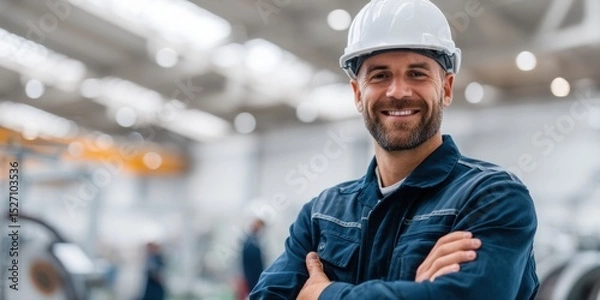 Fototapeta A construction worker with a hard hat displays a friendly smile in a bustling industrial environment.