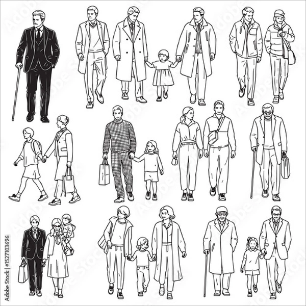 Fototapeta Line art illustration showing various people walking, including families, couples, and individuals, in a simple, elegant style.