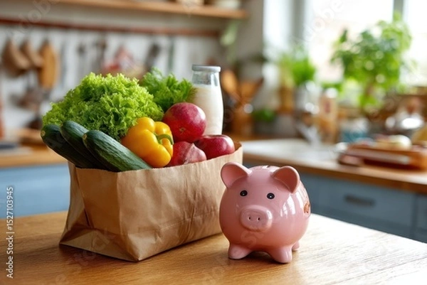 Fototapeta A collection of fresh produce such as lettuce, cucumbers, apples, and milk is arranged in a brown paper bag next to a pink piggy bank. Natural light fills a stylish kitchen space.