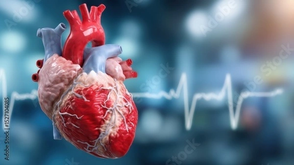 Fototapeta A realistic 3D representation of a human heart showcases intricate features, floating in front of an abstract medical backdrop.