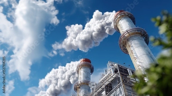 Fototapeta Smoke rises from tall smokestacks at a large industrial facility, showcasing energy generation under a bright blue sky, reflecting the sector's impact.