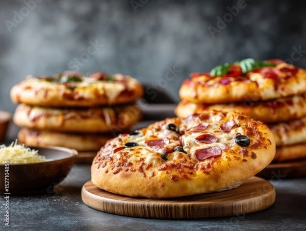 Fototapeta A close-up of mouthwatering pizzas showcases enticing toppings including pepperoni and olives. The setting features a rustic wooden board, inviting warmth for sharing at home.