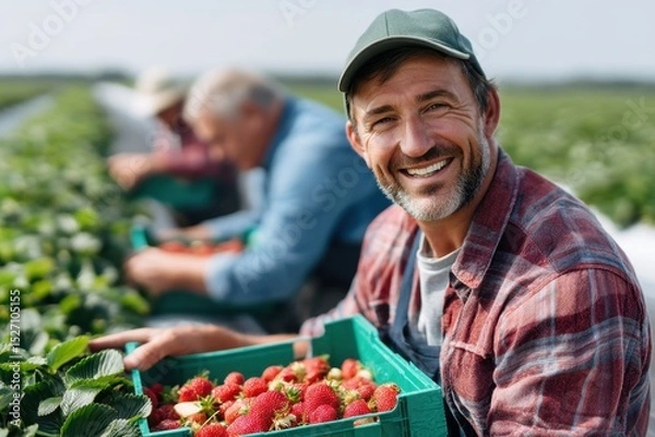 Fototapeta Workers gather ripe strawberries under bright sunlight in a serene farming environment, smiling and displaying their harvest while demonstrating teamwork on the farm.