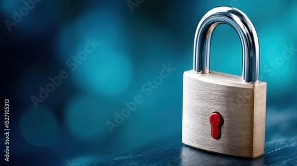 Fototapeta A metallic padlock is positioned on a dark wooden surface against a softly blurred blue background.