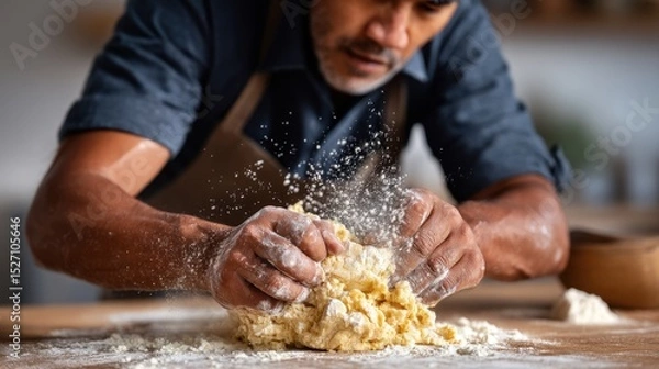 Fototapeta A man diligently kneads dough in a warm kitchen filled with natural light. Flour dust fills the air as he prepares ingredients for homemade bread or pastries, showcasing his culinary skills.