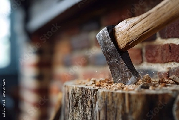 Fototapeta An axe is striking a log in a quaint environment, scattering wood shavings around. The background features a warm brick wall, enhancing the rustic feel. Natural light fills the space.