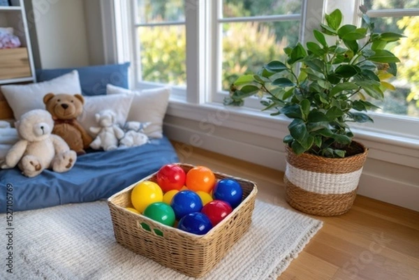 Fototapeta A woven basket filled with vibrant plastic balls rests on a soft rug, next to a cozy corner with plush toys, all illuminated by warm daylight streaming through the window.