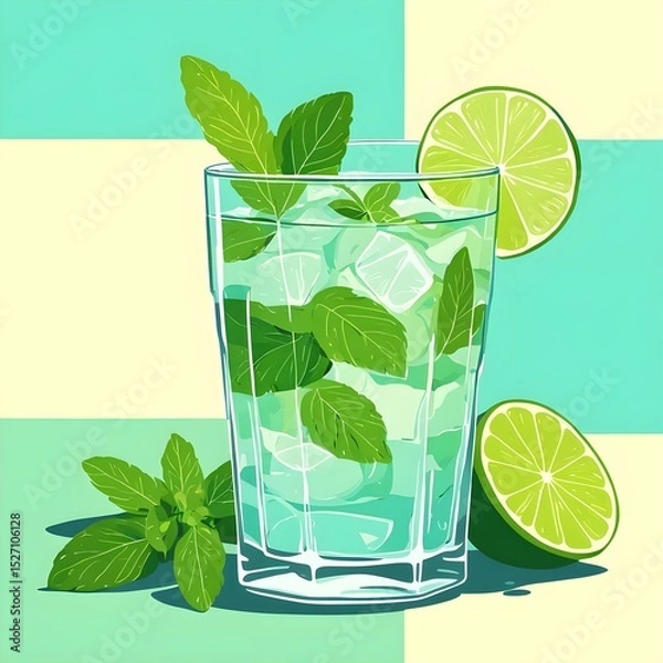 Fototapeta Vector drawing with a glass of mojito in an expressive style.
