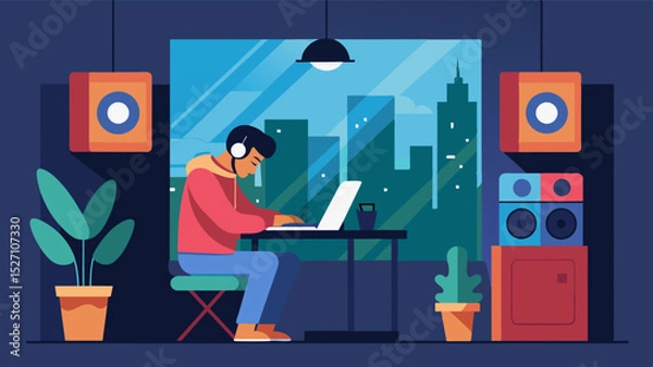 Fototapeta The penthouses stateoftheart sound system provided the perfect background music to keep the freelancer in the zone.. Vector illustration