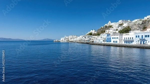 Obraz Picturesque waterfront of a whitewashed town nestled on a hillside overlooking the sea.