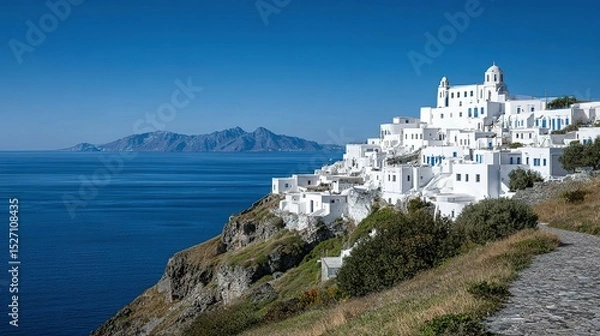 Obraz Whitewashed village nestled on a cliff overlooking the ocean.