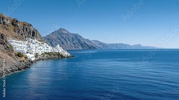 Obraz Picturesque white buildings clinging to a coastal cliffside, overlooking a calm body of water.