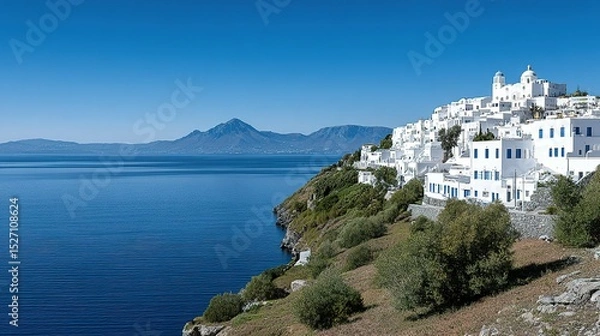 Obraz Whitewashed village nestled on a hillside overlooking a tranquil lake and mountains.