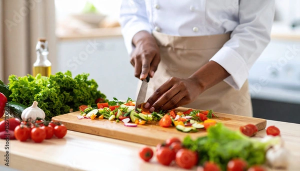 Obraz Chef nimble fingers, adorned with white apron, deftly carve colorful vegetables on wooden cutting board, surrounded by fresh produce, creating vibrant culinary scene