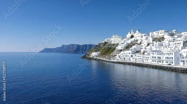 Obraz Panoramic view of a picturesque white village nestled on a hillside overlooking the ocean.