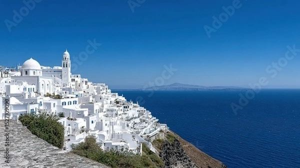 Obraz Whitewashed village perched on a cliff overlooking the sea.