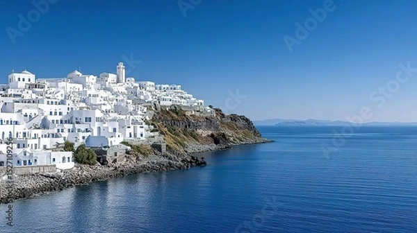 Obraz Whitewashed village nestled on a Mediterranean hillside overlooking the ocean.