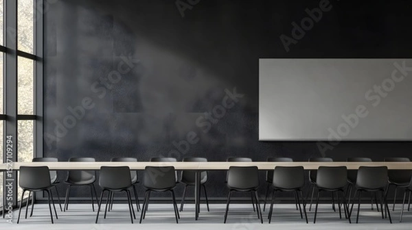 Obraz Meeting room with long table and blank whiteboard.