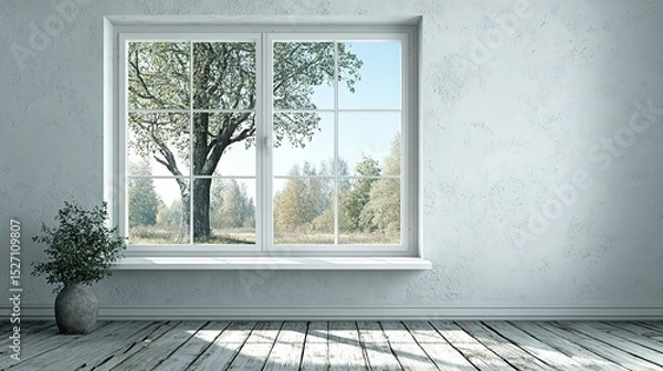 Obraz Tranquil room with a window overlooking a serene landscape.