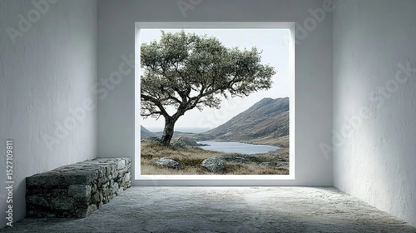 Obraz Tranquil interior scene with a view of a landscape.