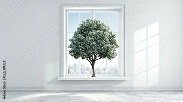 Obraz Winter scene through a window, featuring a snow-covered tree.