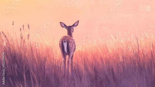 Obraz Fawn in a Serene Meadow at Sunset with Soft Pastel Hues