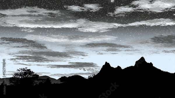 Obraz A black and white image of a mountain range with a cloudy sky