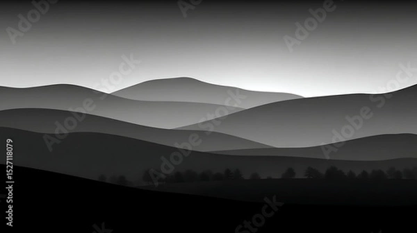 Obraz A black and white photo of a mountain range with trees in the foreground