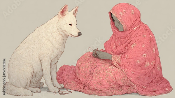 Obraz A woman sits on the ground with a dog next to her