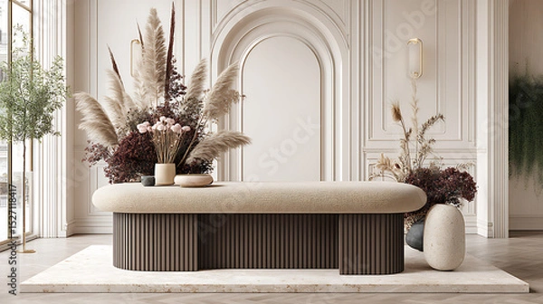 Obraz A white room with a brown couch and a vase of flowers on it