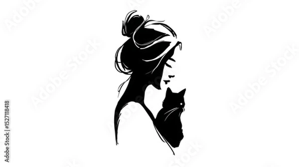 Obraz A woman with a cat on her head