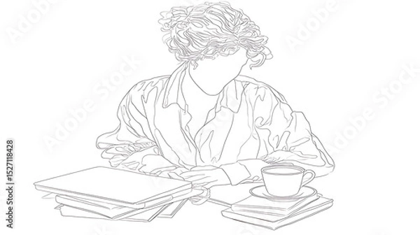 Obraz A woman is sitting at a table with a laptop and a cup of coffee