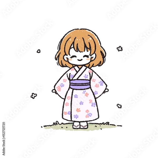 Fototapeta デフォルメ、浴衣を着た可愛らしい女の子のイラスト、アイコン、素材、背景なし、夏