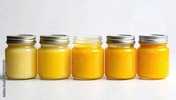 Fototapeta Row Of Baby Food Jars In Different Shades Of Yellow