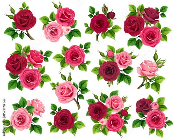 Obraz Red and pink rose flowers. Set of vector design elements with red and pink rose flowers and green leaves isolated on a white background