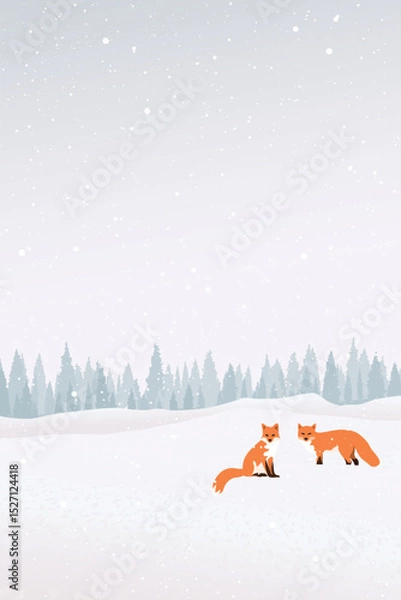 Obraz Snawfall in minimalist snowscape with two foxes have pine forest far away vertical template graphic illustration.
