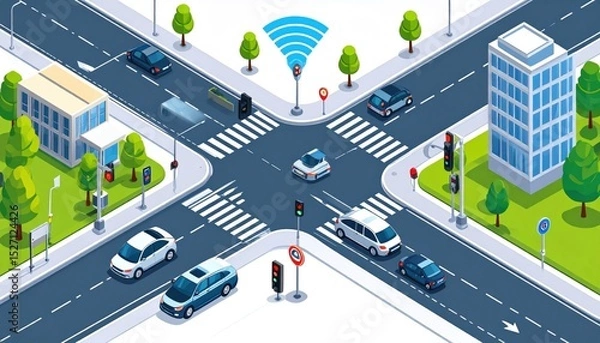 Fototapeta Isometric City Intersection Illustration With Traffic Flow And Smart City Technology