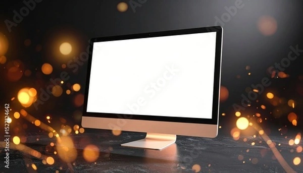 Fototapeta Modern Computer Monitor On Dark Background With Golden Lights