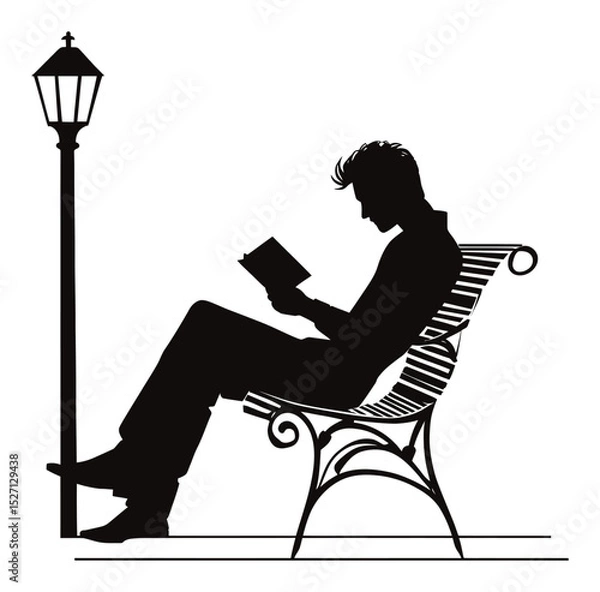 Obraz Hand-Drawn Silhouette of a Person Reading on a Bench Under a Lamp Post