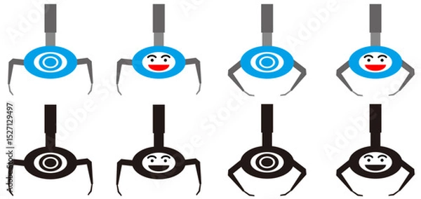 Obraz ゲームセンター、アミューズメント施設等にあるクレーンゲーム機のクレーンメカをデザインしたカラーと白黒のキャラクターもあるイラスト