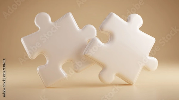 Fototapeta Two clean, white puzzle pieces clicking perfectly together. Representing solutions, partnership, completion