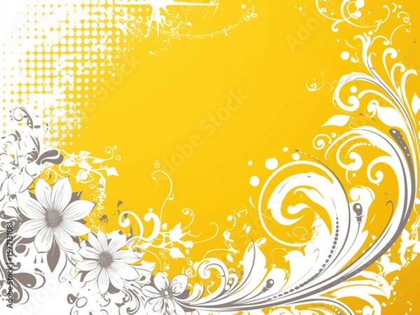 Obraz グランジ風フローラルフレーム - 黄色とグレーのボタニカル背景