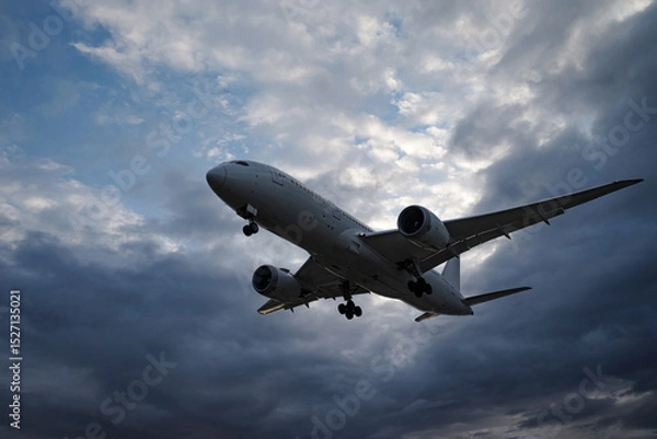 Obraz 曇り空の早朝、着陸態勢で上空を飛んでいく飛行機