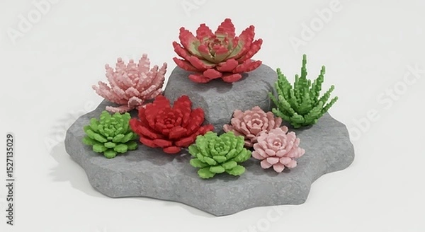 Fototapeta Succulent and cactus plants in pixel style on white background