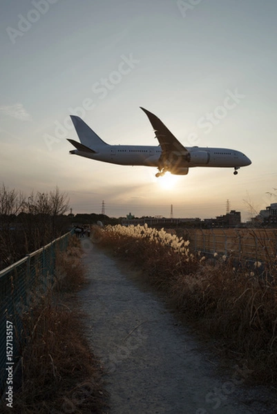 Obraz 大阪府豊中市・夕暮れの千里川堤防の飛行機の降りる風景