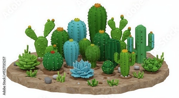 Fototapeta Succulent and cactus plants in pixel style on white background