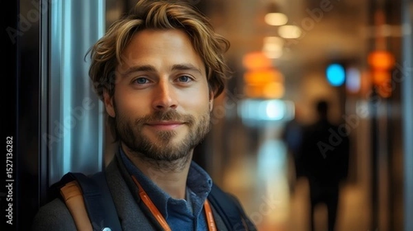 Fototapeta A charming man with a warm smile poses for a portrait in a modern, blurred environment.