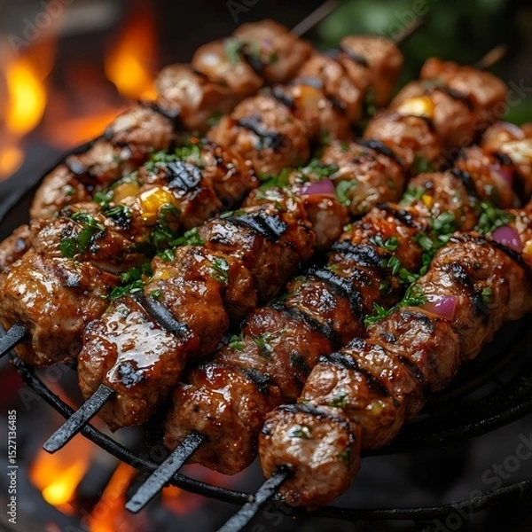 Fototapeta Grilled kebabs on skewers with a beautiful flame in the background, perfect for summer dining.