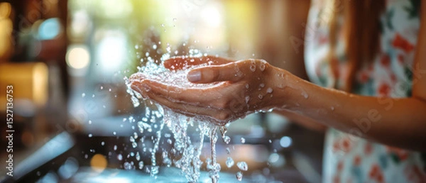 Fototapeta Person shows caution by washing hands with water to reduce fear of germs and mysophobia while sanitizer use is implied for cleanliness.